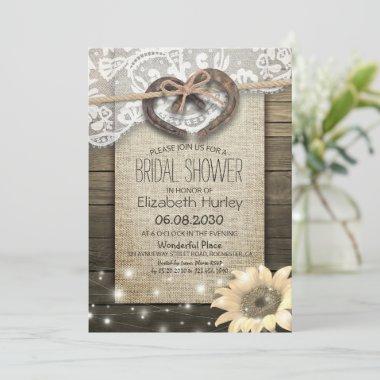 Horseshoe Lace Burlap Sunflower Wood Bridal Shower Invitations