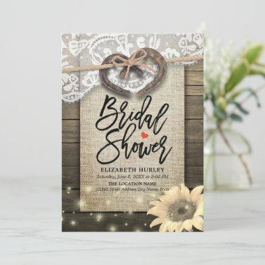Horseshoe Lace Burlap Sunflower Wood Bridal Shower Invitations