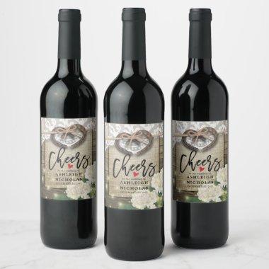 Horseshoes Hydrangea Lace Wedding Cheers to Love Wine Label