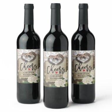 Horseshoes Hydrangea Lace Wedding Cheers to Love Wine Label