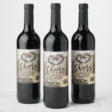 Horseshoes Sunflowers Lace Wedding Cheers to Love Wine Label