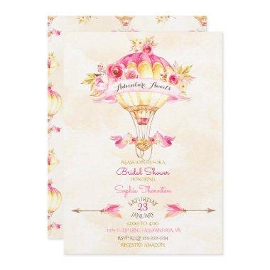 Hot Air Balloon Pink Gold Yellow Arrows Roses Invitations