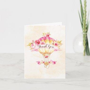 Hot Air Balloon Pink Gold Yellow Arrows Roses Thank You Invitations