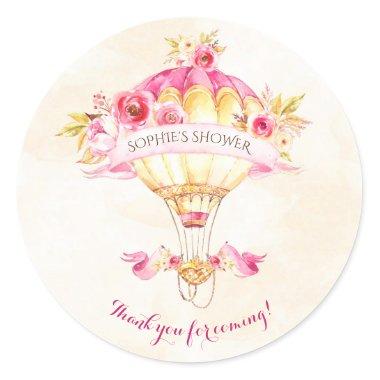 Hot Air Balloon Pink Gold Yellow Roses Classic Round Sticker