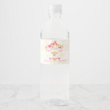 Hot Air Balloon Pink Gold Yellow Roses Water Bottle Label