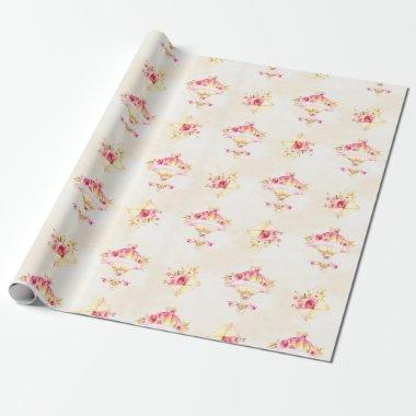 Hot Air Balloon Pink Gold Yellow Roses Wrapping Paper