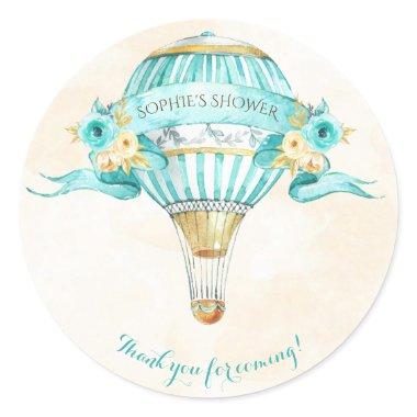 Hot Air Balloon Turquoise Gold Yellow Roses Classic Round Sticker