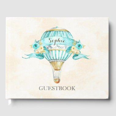 Hot Air Balloon Turquoise Gold Yellow Roses Guest Book