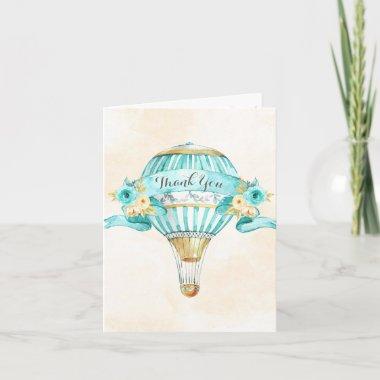 Hot Air Balloon Turquoise Yellow Arrows Roses Thank You Invitations