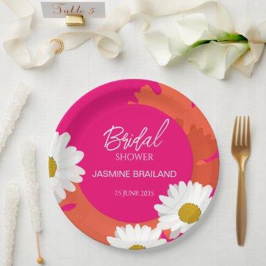 Hot Pink and Orange Daisy Abstract Floral Bridal Paper Plates