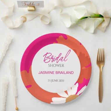 Hot Pink and Orange Daisy Abstract Floral Bridal Paper Plates