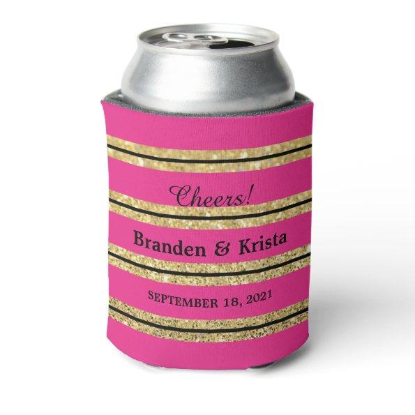 Hot Pink, Black and Gold Glitter Stripes | Wedding Can Cooler