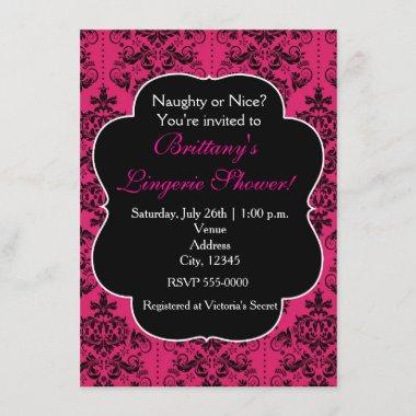 Hot Pink & Black Damask Party Invitations