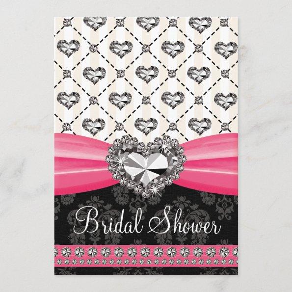 Hot Pink Black Diamond Heart Bridal Shower Invitat Invitations