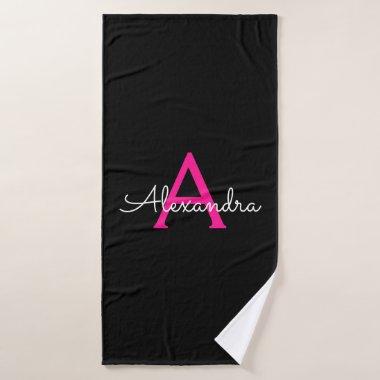 Hot Pink Black Girly Script Monogram Name Bath Towel