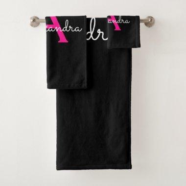 Hot Pink Black Girly Script Monogram Name Bath Towel Set