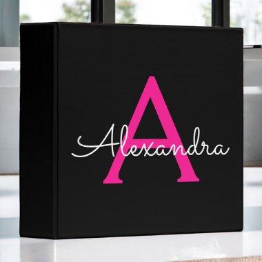 Hot Pink Black Girly Script Monogram Name Modern 3 Ring Binder