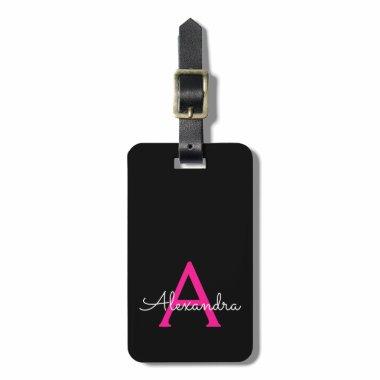 Hot Pink Black Girly Script Monogram Name Modern Luggage Tag