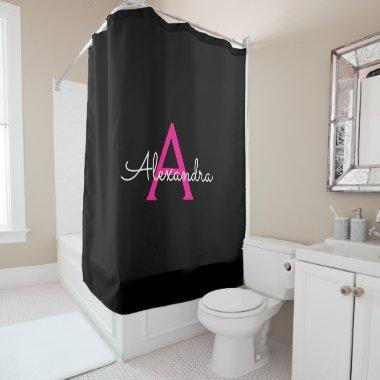 Hot Pink Black Girly Script Monogram Name Modern Shower Curtain
