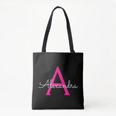 Hot Pink Black Girly Script Monogram Name Modern Tote Bag