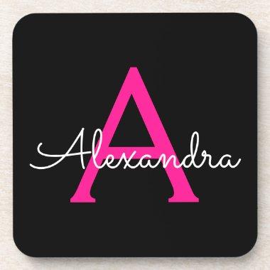 Hot Pink Black Script Girly Monogram Name Beverage Coaster