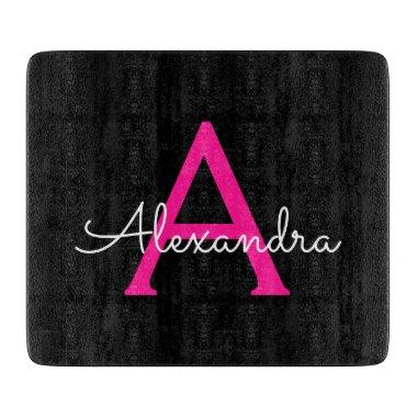 Hot Pink Black Script Girly Monogram Name Cutting Board
