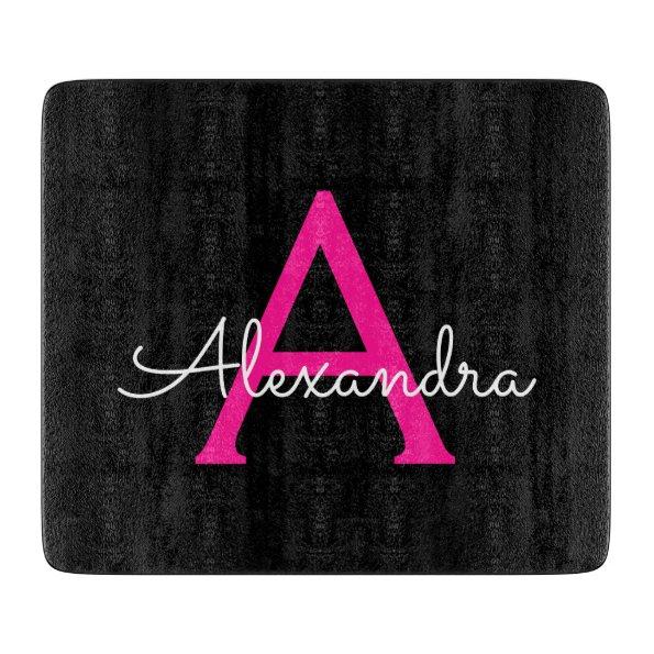 Hot Pink Black Script Girly Monogram Name Cutting Board