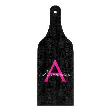 Hot Pink Black Script Girly Monogram Name Cutting Board