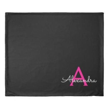Hot Pink Black Script Girly Monogram Name Duvet Cover
