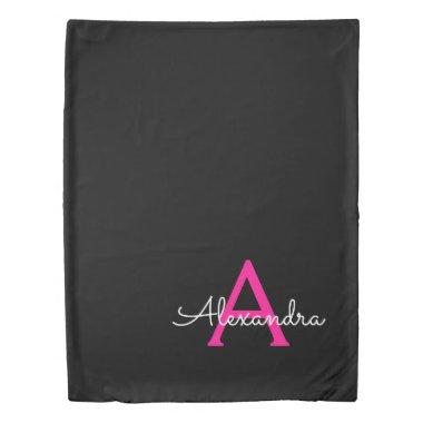 Hot Pink Black Script Girly Monogram Name Duvet Cover
