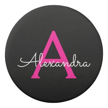 Hot Pink Black Script Girly Monogram Name Eraser