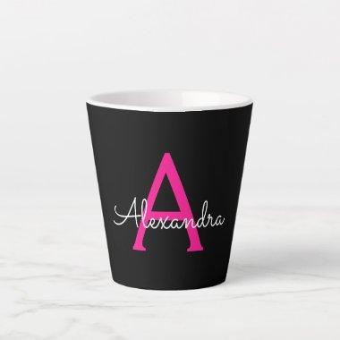 Hot Pink Black Script Girly Monogram Name Latte Mug