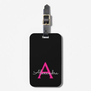 Hot Pink Black Script Girly Monogram Name Luggage Tag