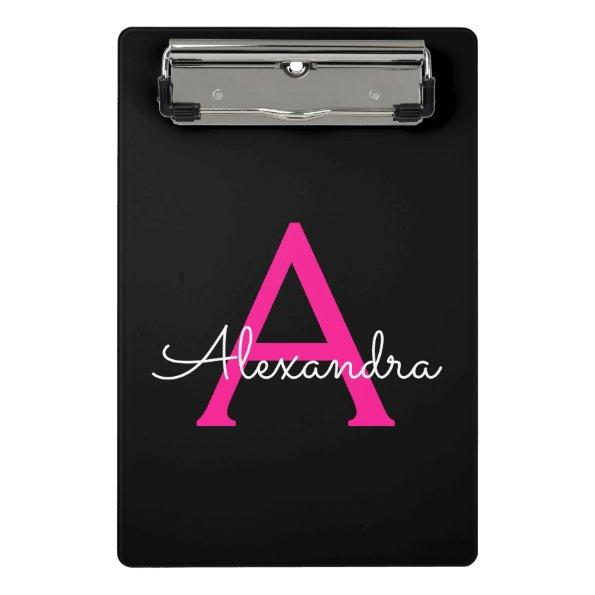 Hot Pink Black Script Girly Monogram Name Mini Clipboard
