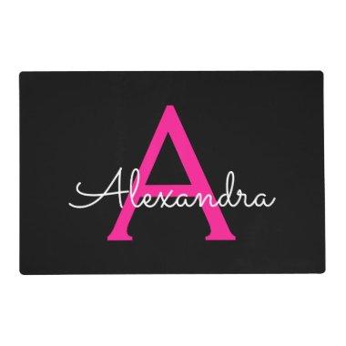 Hot Pink Black Script Girly Monogram Name Placemat