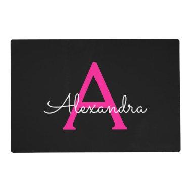 Hot Pink Black Script Girly Monogram Name Placemat