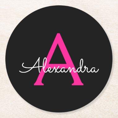 Hot Pink Black Script Girly Monogram Name Round Paper Coaster