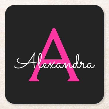 Hot Pink Black Script Girly Monogram Name Square Paper Coaster