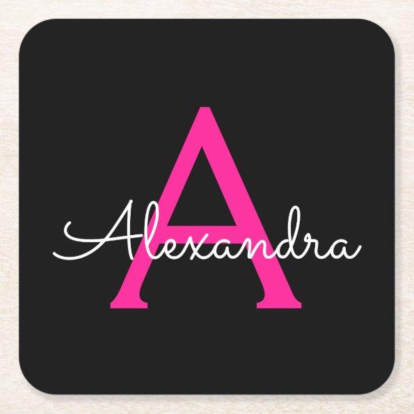Hot Pink Black Script Girly Monogram Name Square Paper Coaster
