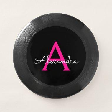 Hot Pink Black Script Girly Monogram Name Wham-O Frisbee