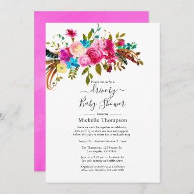 Hot-Pink Boho Chic Drive By Bridal or Baby Shower Invitations