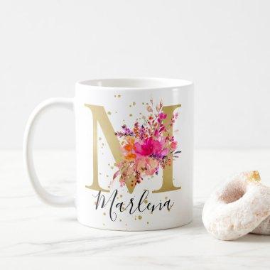 Hot Pink Bright Floral Letter M Monogram Coffee Mug