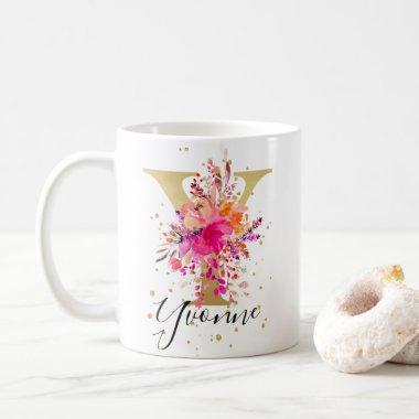 Hot Pink Bright Floral Letter Y Monogram Coffee Mug