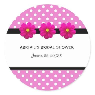 Hot Pink Daisy & Black Polka Dots Bridal Shower Cl Classic Round Sticker