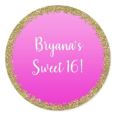 Hot Pink Dipped Gold Glitter Glam Sparkle Party Classic Round Sticker