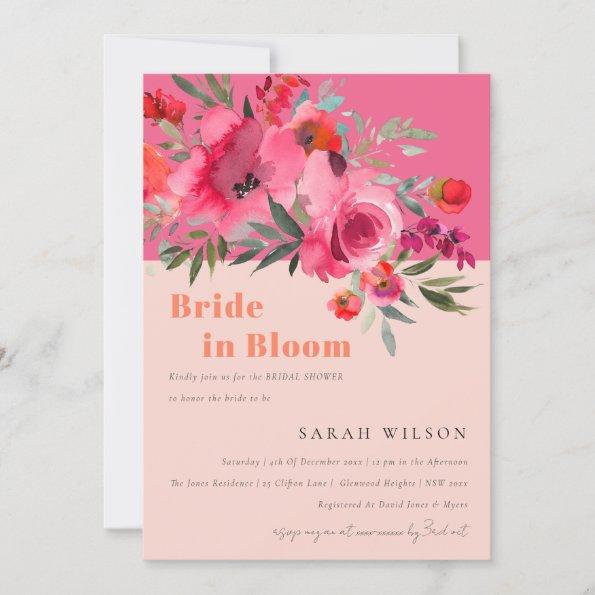 Hot Pink Floral Bride In Bloom Bridal Shower Invitations
