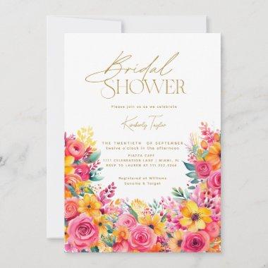 Hot Pink Floral Bright Flowers Bridal Shower Invitations