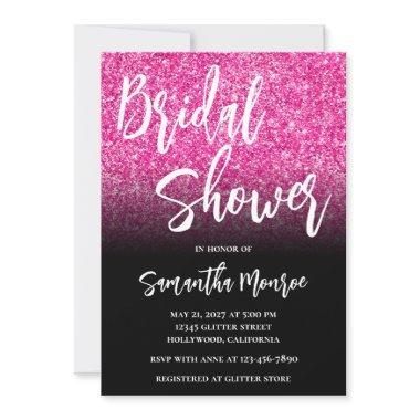 Hot Pink Glitter Black Gradient Bridal Shower Invitations