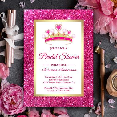 Hot Pink Glitter Tiara Princess Bridal Shower Invitations
