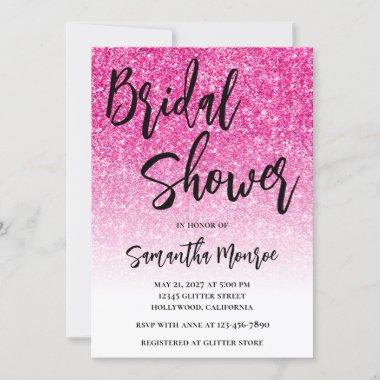 Hot Pink Glitter White Gradient Bridal Shower Invitations
